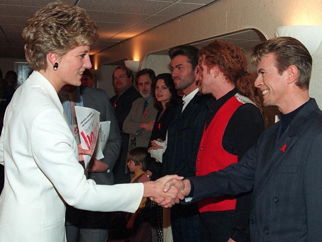 Royal meeting ... Diana, the late Princess of Wales, shaking hands with pop superstar David Bowie after a show in London. Picture: AP