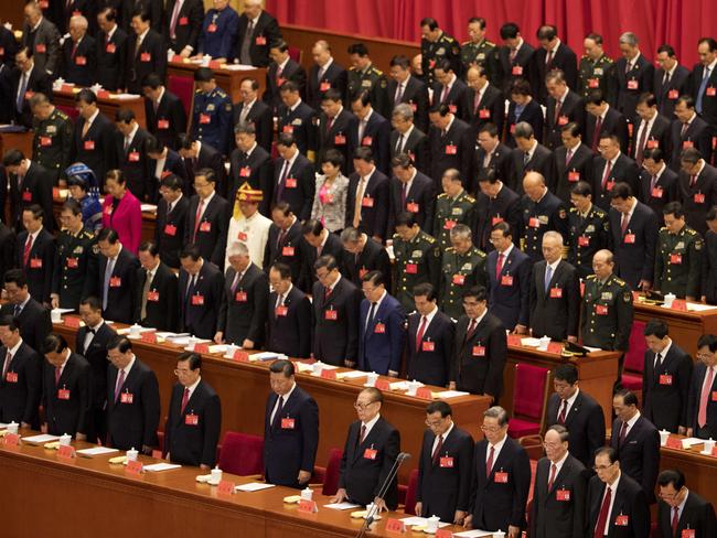 China's top communist leaders assemble for the 19th Party Congress in Beijing on Wednesday. Picture: Ng Han Guan/AP