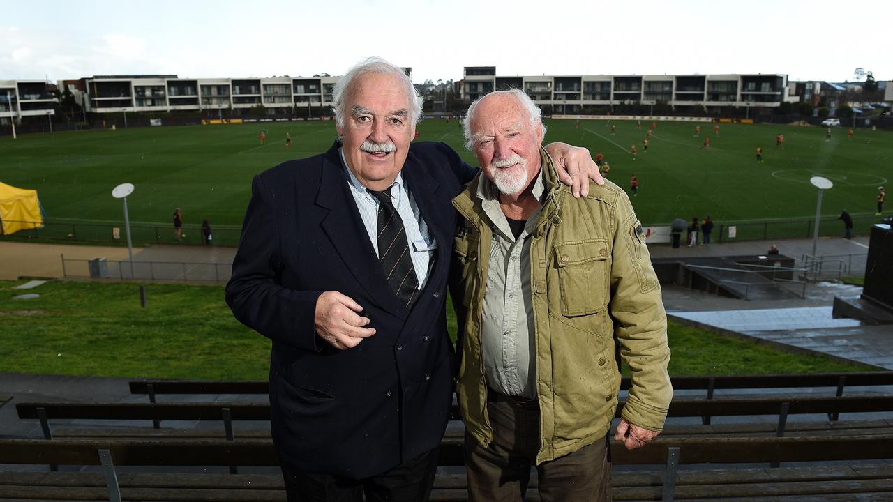 Firm friends Percy Jones and Tony Jewell reunited by the Herald Sun at the scene of their famous biffo. Picture: David Smith