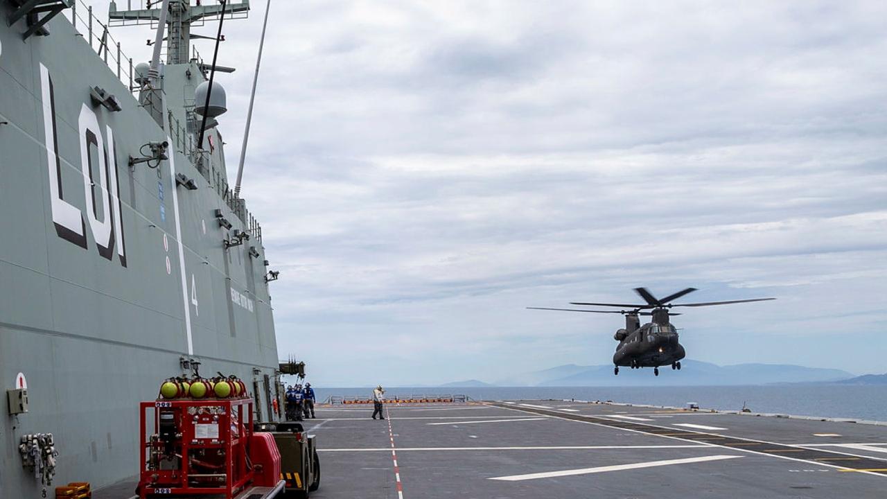 Republic of Singapore Air Force CH-47 Chinook Helicopter landing onboard HMAS Adelaide during Exercise Sea Wader 2020 off the coast of Townsville, Queensland. Picture: Defence Dept