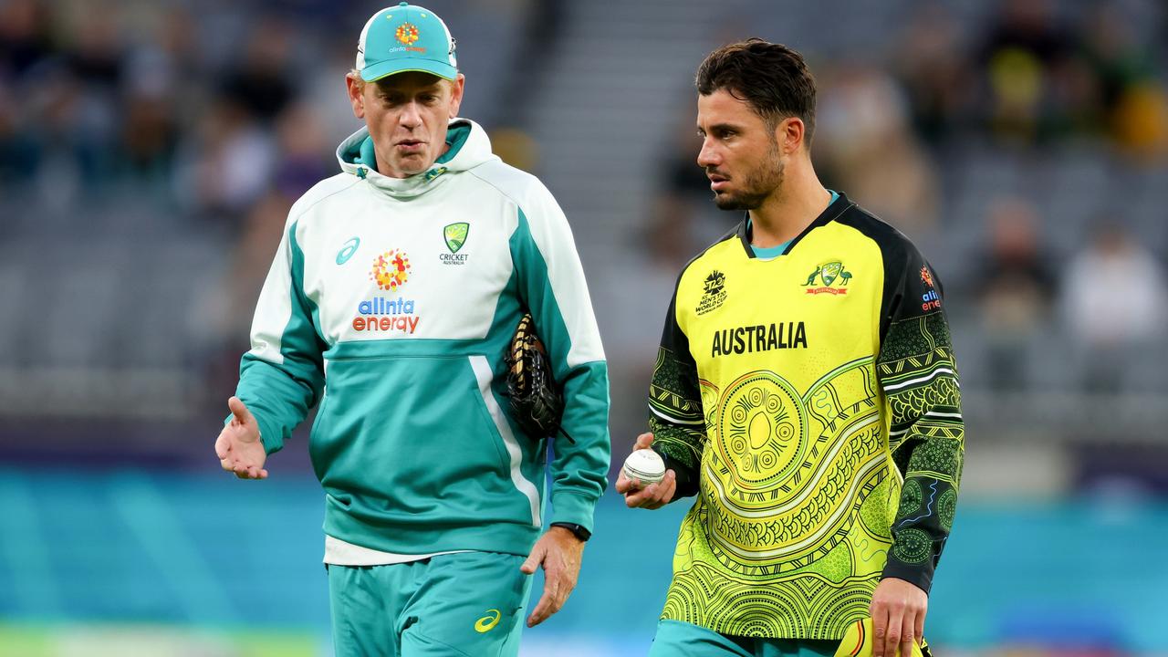 Andrew McDonald and Marcus Stoinis during the T20 World Cup. Picture: James Worsfold/Getty Images