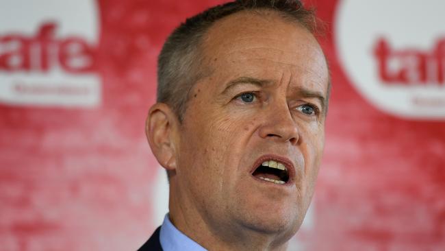 Federal Opposition leader Bill Shorten speaks to the media during a visit to the Bracken Ridge TAFE in Brisbane, Tuesday, May 15, 2018. Mr Shorten announced that the Labor party, should they win government in the next election, will direct funds to help students with their TAFE tuition. (AAP Image/Dan Peled) NO ARCHIVING