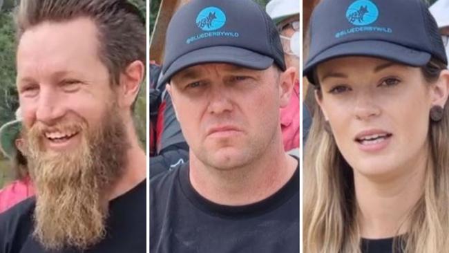 Brendon Jones of Blue Derby Pods Ride, Damien Neilson of Derby Bike Shop, and Jules Seymour of Pinned Property Management speaking against logging coupes near Blue Derby. Picture: Supplied