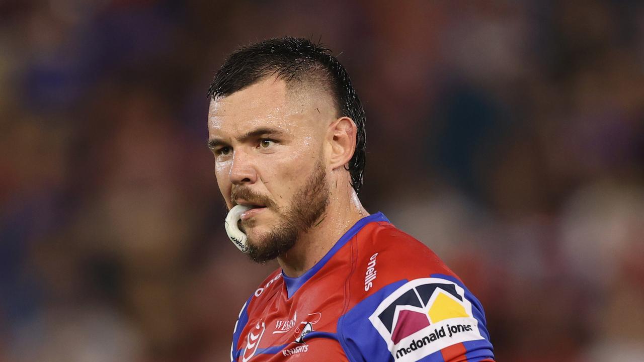 NEWCASTLE, AUSTRALIA - MARCH 12: David Klemmer of the Knights during the round one NRL match between the Newcastle Knights and the Canterbury Bulldogs at McDonald Jones Stadium, on March 12, 2021, in Newcastle, Australia. (Photo by Ashley Feder/Getty Images)