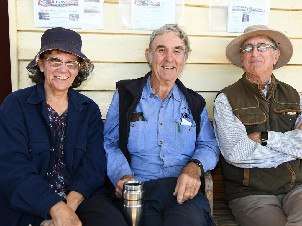 Judy Ashford and Ken Ashford from Maryborough with Ken Stephenson on the inaugural trip for the restored "Pride of Toowoomba" steam train from Drayton to Wyreema. Saturday May 18th, 2024 Picture: Bev Lacey