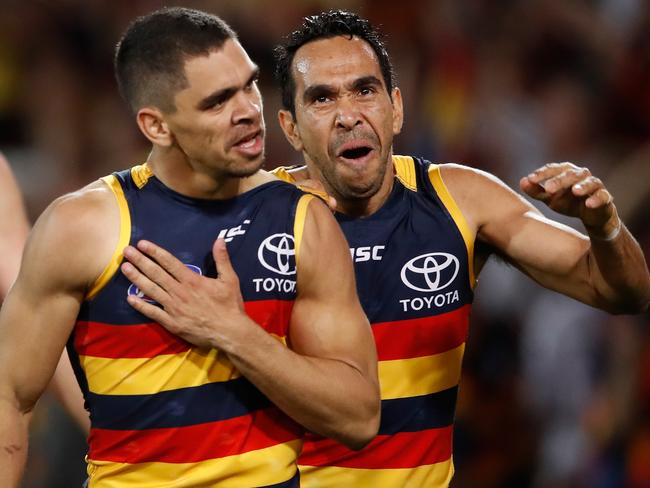 Charlie Cameron celebrates a goal with Eddie Betts during the AFL First Preliminary Final.