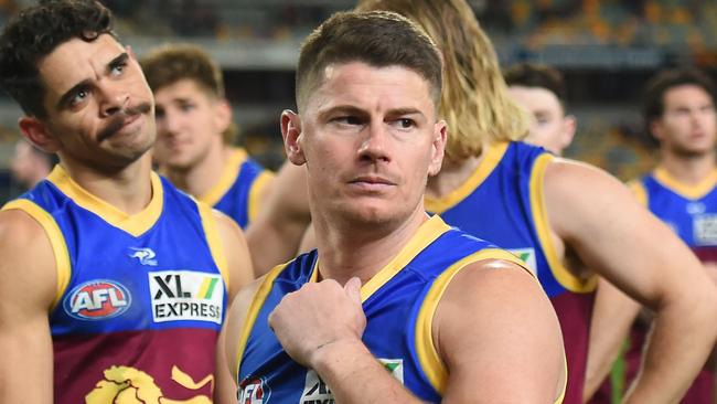 BRISBANE, AUSTRALIA - AUGUST 19: Dayne Zorko of the Lions looks dejected after his team's defeat during the round 23 AFL match between the Brisbane Lions and the Melbourne Demons at The Gabba on August 19, 2022 in Brisbane, Australia. (Photo by Albert Perez/AFL Photos via Getty Images)