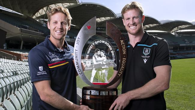 Rory Sloane and Tom Jonas with the new Variety Club Showdown Shield.