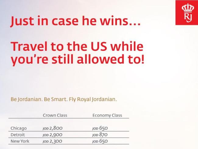 The airline posted this promotion on its Facebook page as polls opened across the US. Picture: Royal Jordanian Airlines