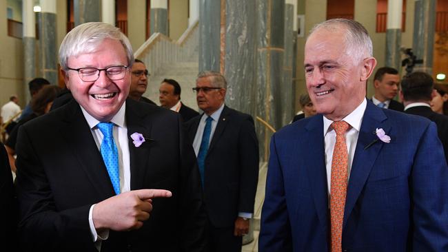 Former prime ministers Kevin Rudd and Malcolm Turnbull. Picture: AAP Image/Mick Tsikas