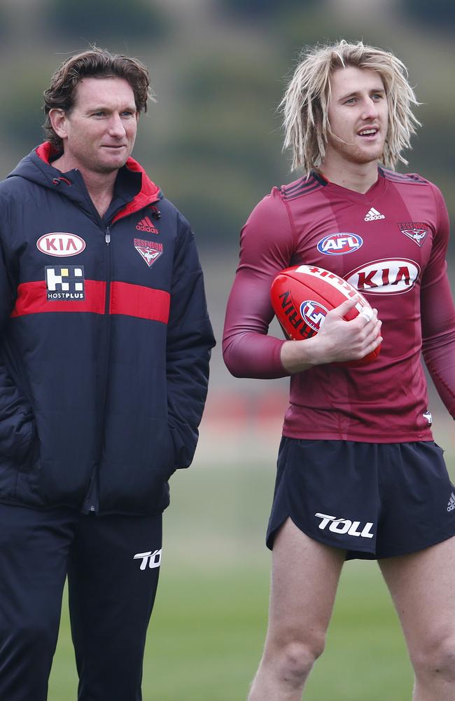 James Hird talks with Dyson Heppell at Essendon training in 2015. Picture: Michael Klein