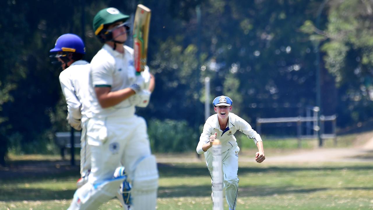 GPS First XI cricket between Brisbane Boys College and Churchie. Stumping by keeper Draper is celebrated. Saturday February 11, 2023. Picture, John Gass