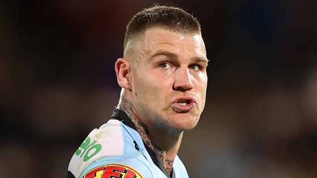 Josh Dugan of the Sharks reacts after being sent to the sin-bin during the round 11 NRL match between the Cronulla Sharks and the St George Illawarra Dragons at Netstrata Jubilee Stadium. Picture: Mark Kolbe/Getty Images