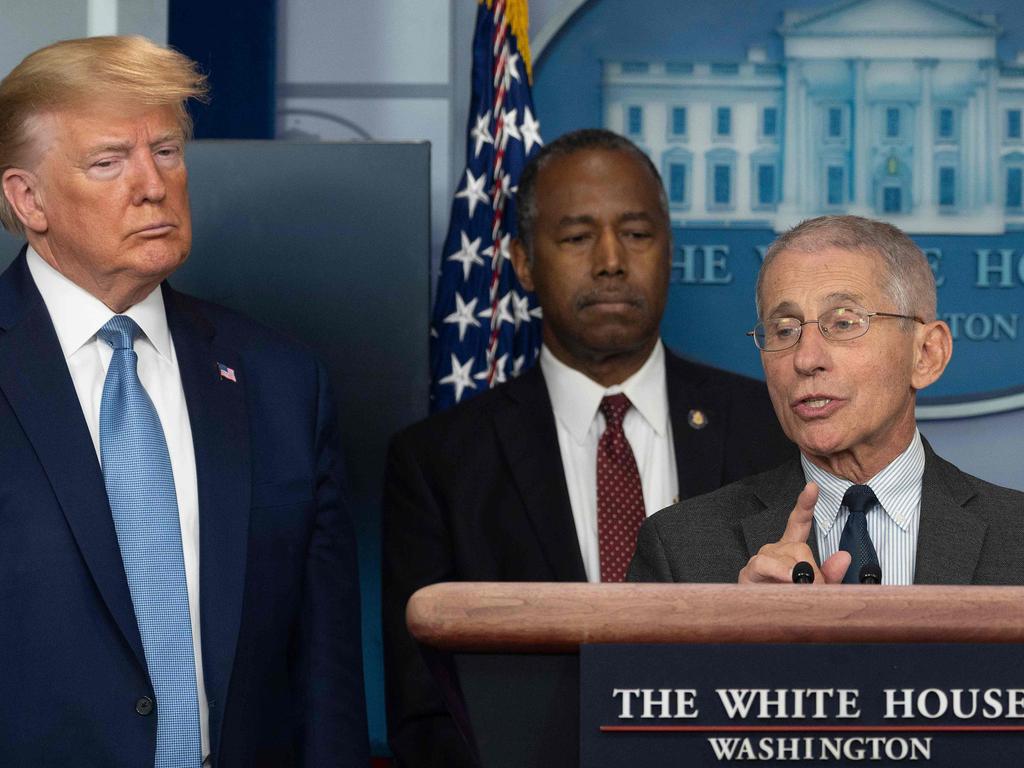 Dr Anthony Fauci addresses media at one of Donald Trump’s notorious daily COVID briefings. Picture: AFP