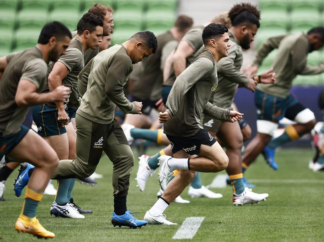 MELBOURNE, AUSTRALIA - JULY 12: Australian Wallabies players warm up during an Australian Wallabies captain's run at AAMI Park on July 12, 2021 in Melbourne, Australia. (Photo by Daniel Pockett/Getty Images)