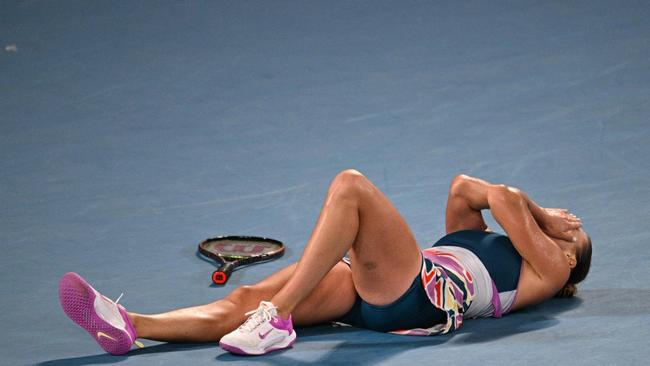 Aryna Sabalenka reacts after her win. Picture: AFP Images