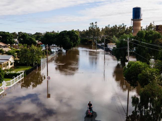 ROCHESTER, AUSTRALIA - JANUARY 9: A drone view shows the floodwater impact that affected the Rochester township on January 9, 2024 in Rochester, Australia. Severe weather warnings were in place for vast swathes of central Victoria after heavy rainfall overnight. Residents of Rochester and other nearby towns were warned to evacuate ahead of the expected arrival of flood waters on Tuesday. (Photo by Diego Fedele/Getty Images)