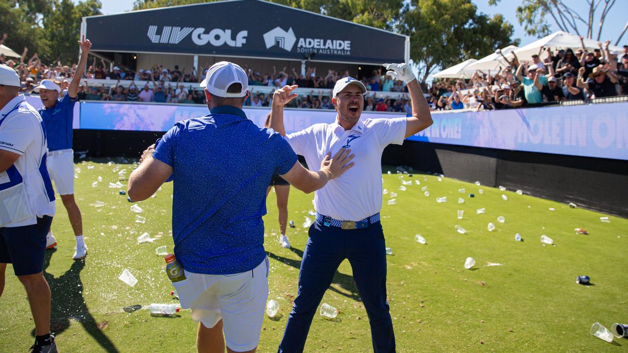 Chase Koepka reacts after making a hole-in-one on the 12th hole (Photo by Jon Ferrey/LIV Golf)