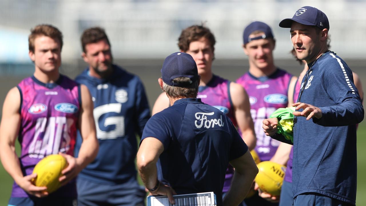 Shaun Grigg (right) has left Geelong after four seasons to join Damien Hardwick on the Gold Coast.. Picture: Alan Barber