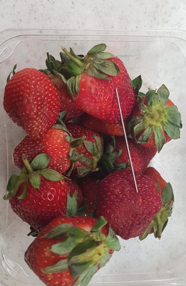 A thin piece of metal seen among a punnet of strawberries. Picture: Qld Police