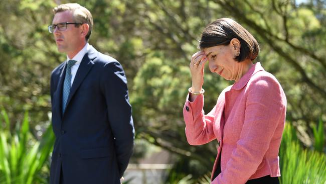 NSW Treasurer Dominic Perrottet (left) and NSW Premier Gladys Berejiklian at a press conference at Parliament House in Sydney. Picture: NCA NewsWire/Joel Carrett