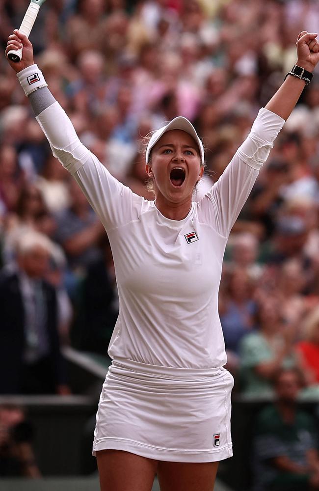 Czech Republic's Barbora Krejcikova celebrates winning against Kazakhstan's Elena Rybakina. (Photo by HENRY NICHOLLS / AFP)