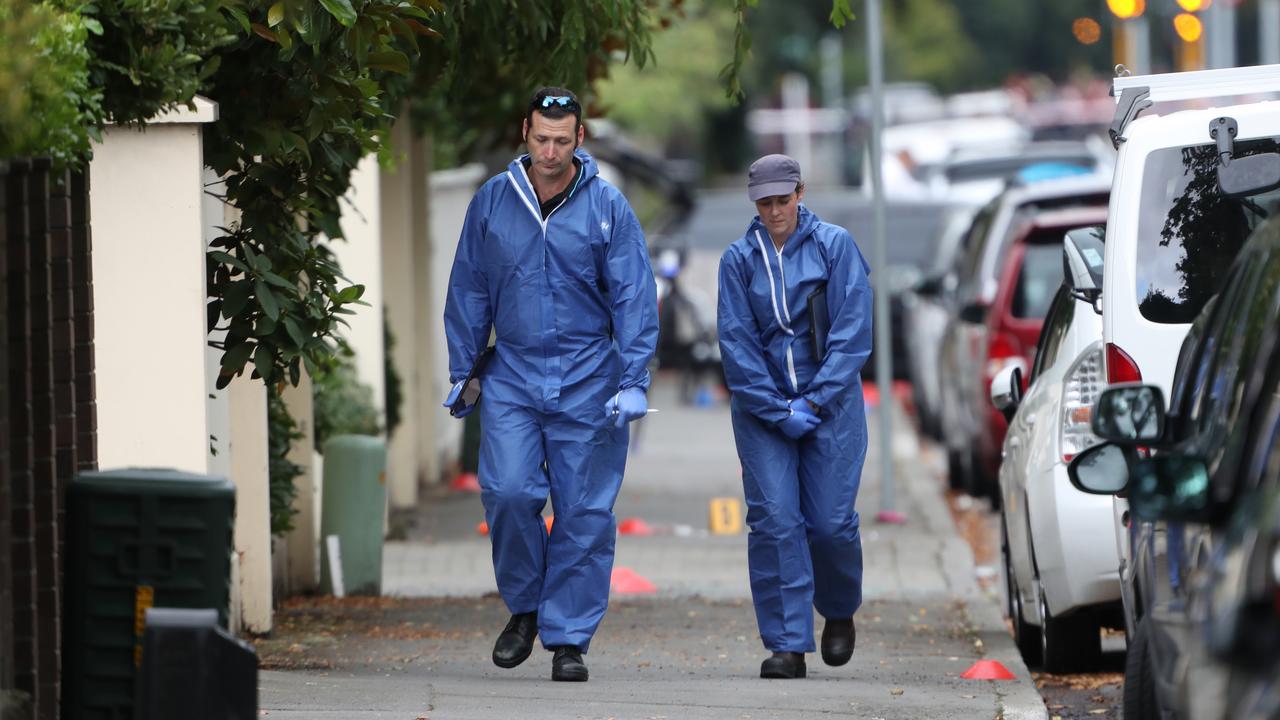 Forensic officers outside the Deans Avenue mosque where Tarrant began his murderous rampage, killing 51 and wounding at least 40. Picture: Gary Ramage