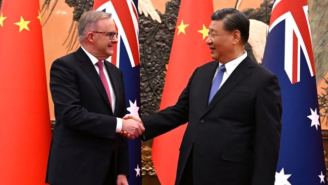 Australia’s Prime Minister Anthony Albanese meets with China’s President Xi Jinping at the Great Hall of the People in Beijing, China. Picture: AAP /Lukas Coch.