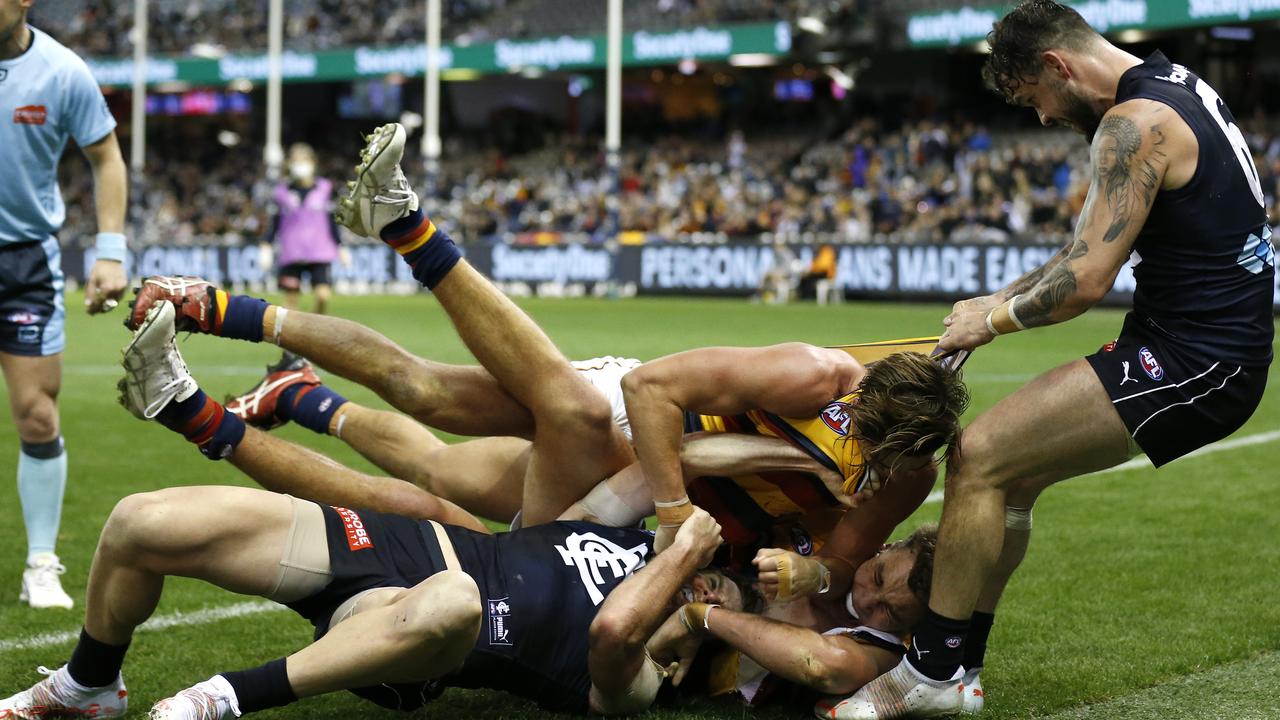 The late hit on Jacob Weitering sparked an all-in brawl. Picture: Getty Images