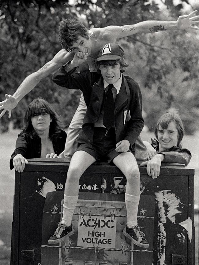 Bon Scott, Phil Rudd, Angus Young and Malcolm Young. Picture: Phillip Morris