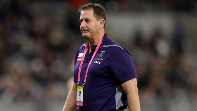 Ross Lyon, coach of the Fremantle Dockers is seen during the Round 18 AFL match between the Fremantle Dockers and the Sydney Swans at Optus Stadium in Perth, Saturday, July 20, 2019. (AAP Image/Richard Wainwright) NO ARCHIVING, EDITORIAL USE ONLY