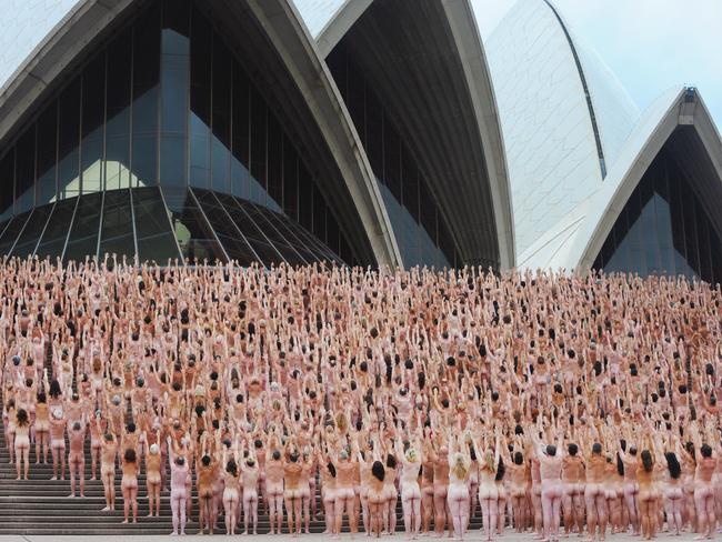 5,200 posed nude on the Monumental Steps for American photographer Spencer Tunick in 2010. The shoot entitled 'Mardi Gras: The Base' was commissioned by the Sydney Gay and Lesbian Mardi Gras. Picture: Dean Lewins/AAP