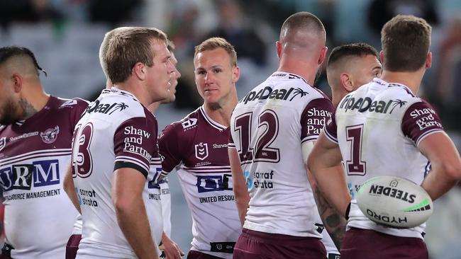 Dejected Manly players after South Sydney score another try in the Round 15 clash. Picture: Matt King/Getty Images