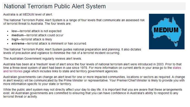 A screengrab from Australia’s National Terrorism Public Alert System.