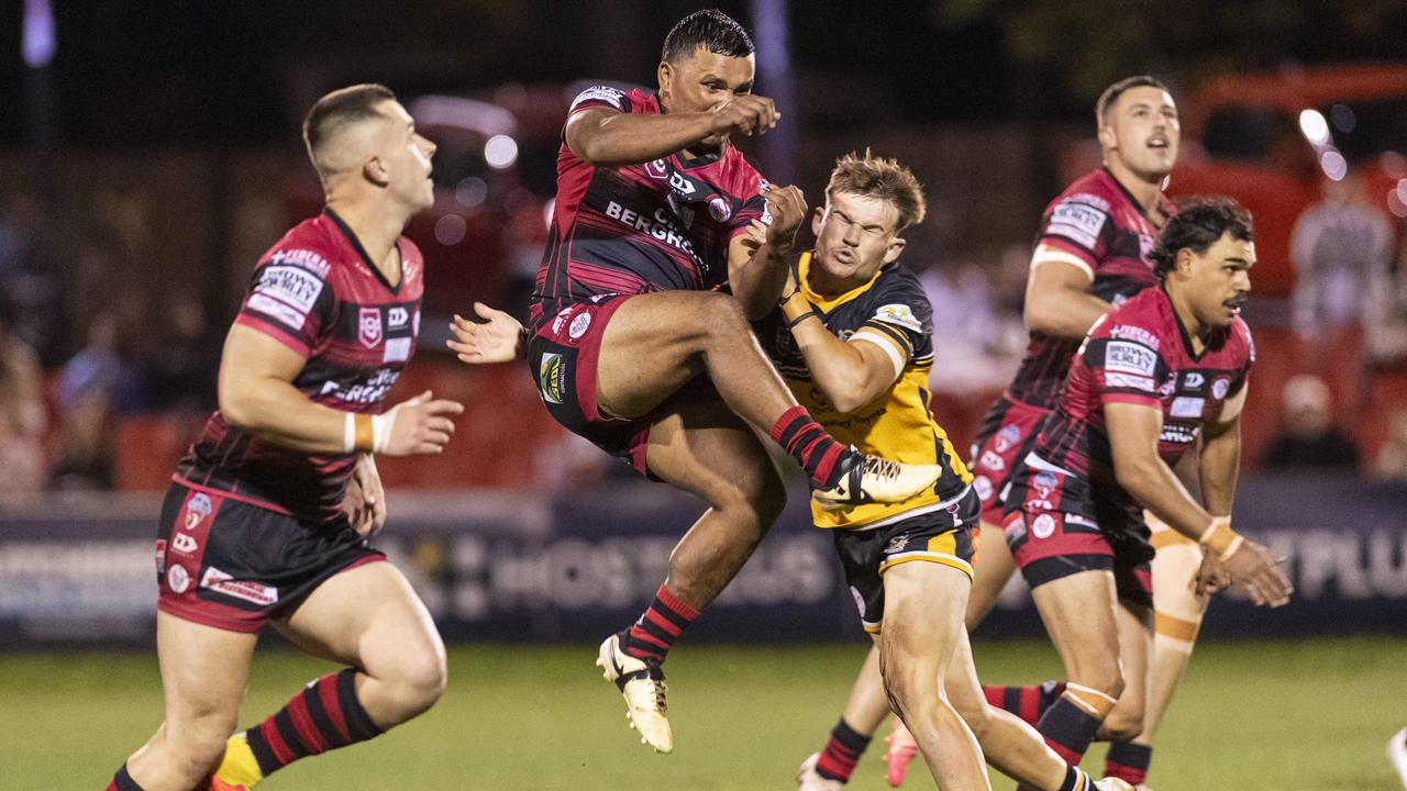 Corey McGrady of Valleys and Thomas Luhrman of Gatton in TRL Hutchinson Builders A-grade grand final rugby league at Toowoomba Sports Ground, Saturday, September 14, 2024. Picture: Kevin Farmer