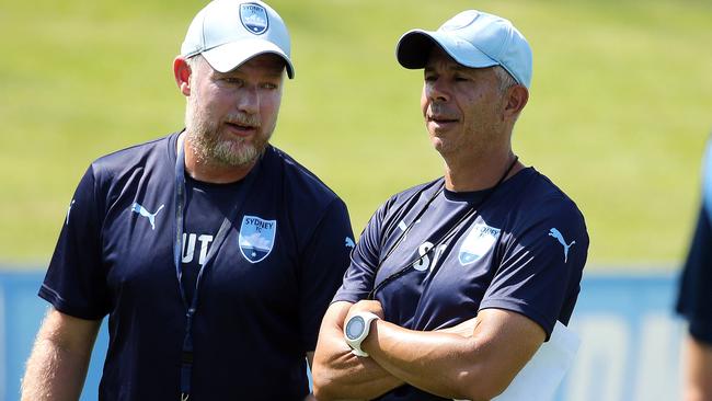 Sydney FC coach Steve Corica (right) and assistant Ufuk Talay (left) are plotting the Sky Blues’ Asian Champions League campaign. Picture: Tim Hunter.