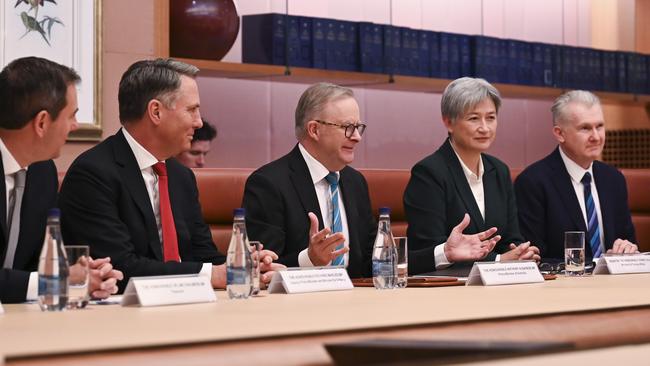 Prime Minister Anthony Albanese (centre) flanked by ministers (from left) Chris Bowen, Jim Chalmers, Richard Marles, Penny Wong and Tony Burke