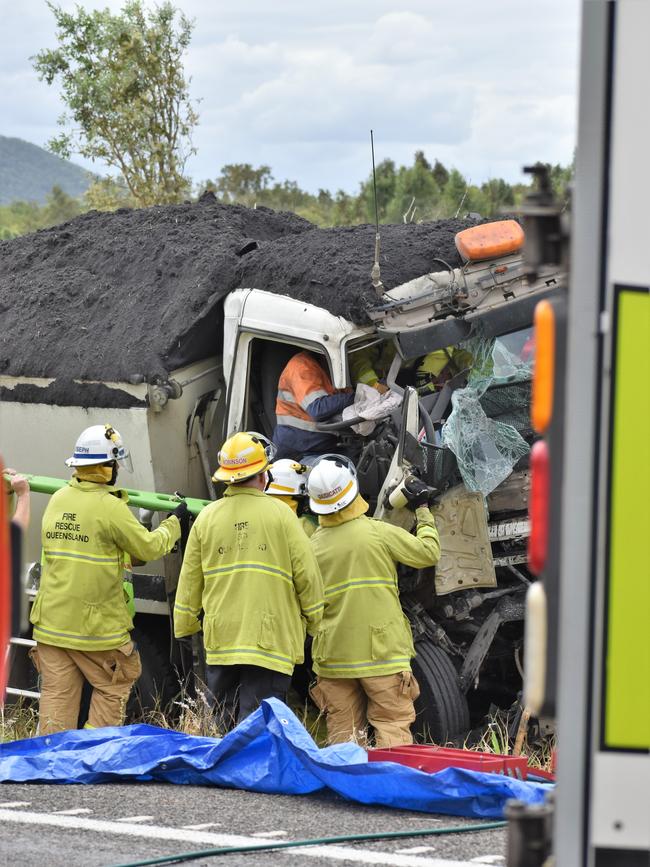 Photos from the scene of an accident involving two trucks and a utility vehicle at Yuruga on the Bruce Highway between Townsville and Ingham. Two men have been badly injured. Picture: Cameron Bates