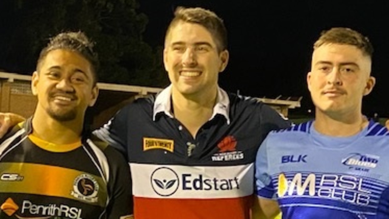 Penrith captain Delahoya Manu and Two Blues Player Michael Zakhia met with theire old teacher Colm McCaughan in the game.