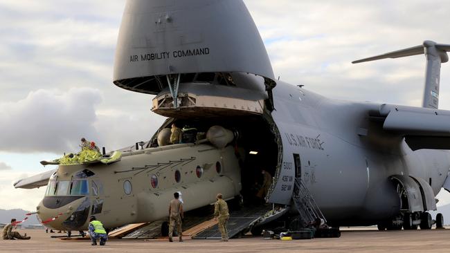 A USAF C-5 Galaxy landed in Townsville on Wednesday carrying two Chinook helicopters for the 5th Aviation Regiment. Picture: Defence Media