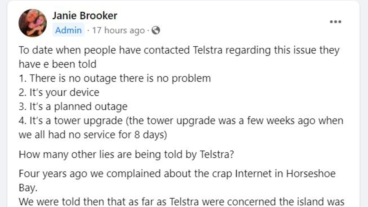 'Telstra Magnetic Island residents are fed up' Facebook page creator Janie Brooker has started collecting testimonials.