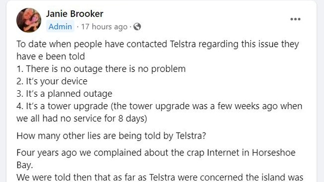 'Telstra Magnetic Island residents are fed up' Facebook page creator Janie Brooker has started collecting testimonials.