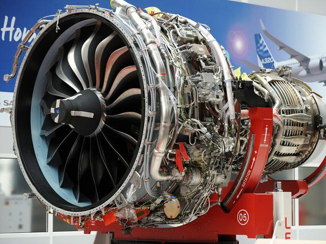 (FILES) This file photo taken on April 15, 2016 shows the LEAP-1A engine, developed by CFM, a joint venture between France's Safran and General Electric, is pictured during its handover ceremony in Colomiers, outside Toulouse. The LEAP-1A is to be used in the Airbus A320neo jetliner, and Safran engines chief Olivier Andries said output was on target and that CFM would produce 100 LEAP engines this year and 500 next year. The engine would be introduced with six airlines this year. / AFP PHOTO / REMY GABALDA