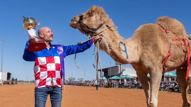 Glen Boss riding Billy the Camel in the heats at the Boulia Camel Races. Pic Jay Town