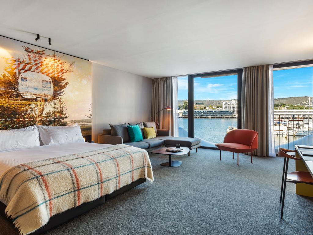 The hotel rooms overlook Hobart’s harbour. Picture: Adam Gibson