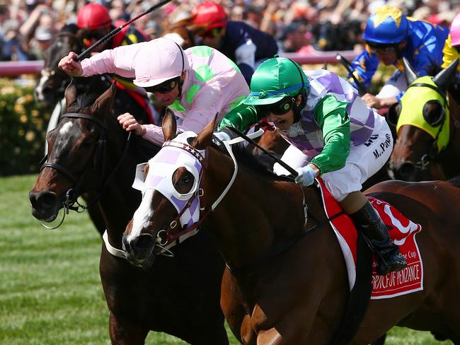 Max Dynamite storms home to finish second in the Melbourne Cup behind Prince Of Penzance. Picture: George Salpigtidis