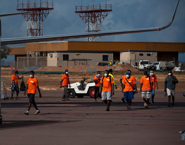 Mango workers arrive in the Northern Territory ahead of the mango picking season. They are to enter mandatory quarantine for two weeks before hitting the farms. Picture: Che Chorley