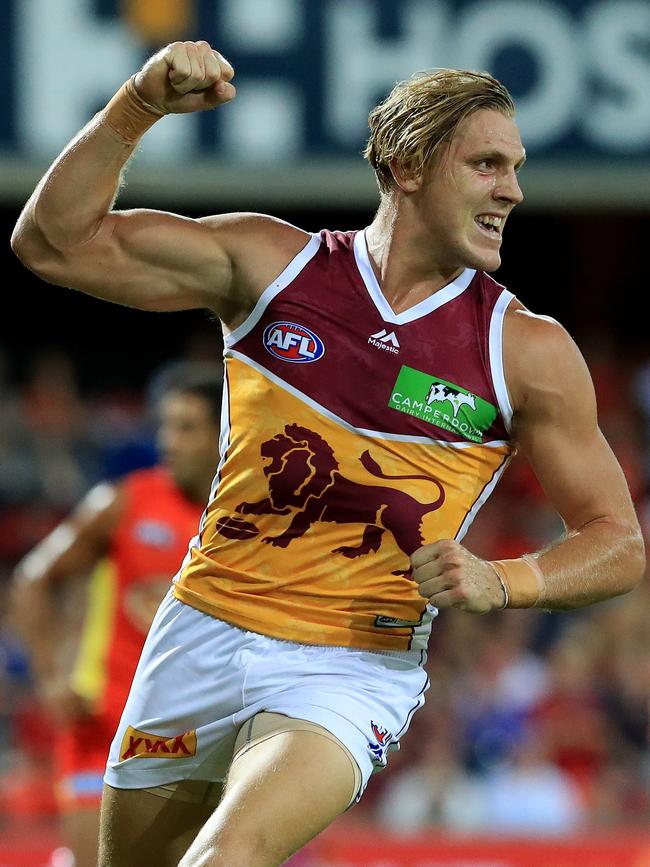 Tom Bell celebrates a goal during his time at Brisbane. Picture: Adam Head. 