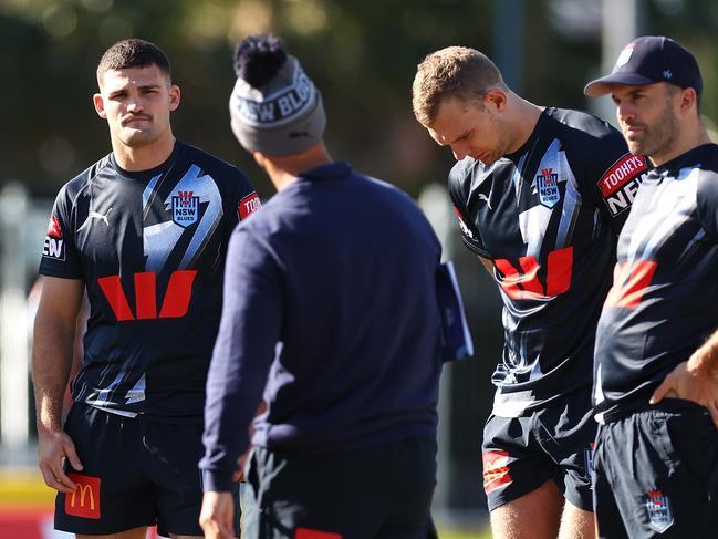 Andrew Johns talks to members of the NSW backline. Picture: Getty Images