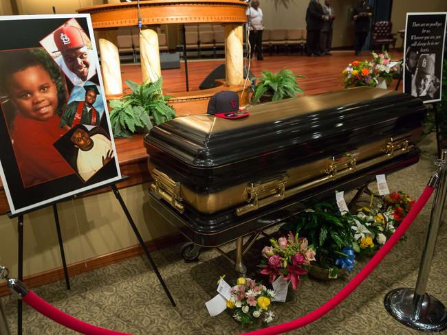 The casket of Michael Brown is viewed at Friendly Temple Missionary Baptist Church in St. Louis. Picture: Richard Perry